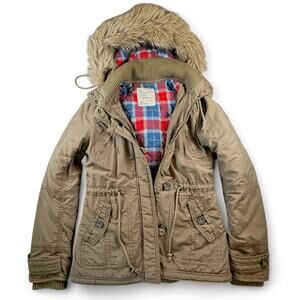 VTG Y2K American Eagle Jacket Military Parka Coat S Fur 2009 Flannel Plaid Lined
